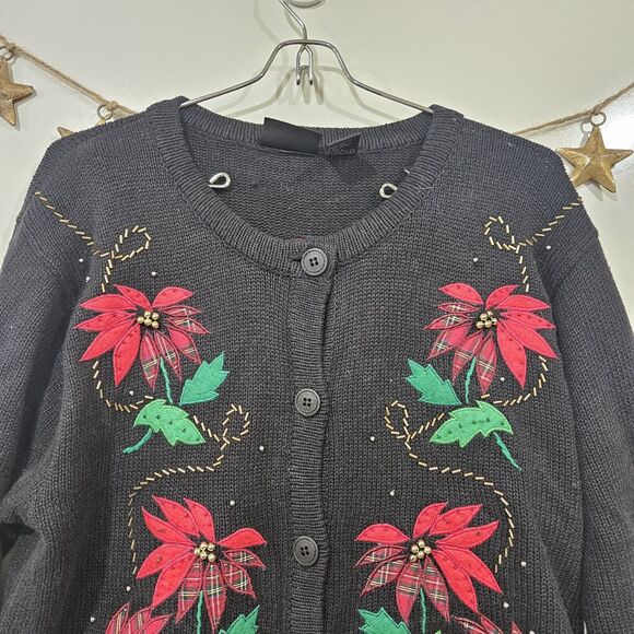 Vintage 3D Poinsettia Christmas Button Up Sweater Cardigan Size Small Beaded - Picture 5 of 9